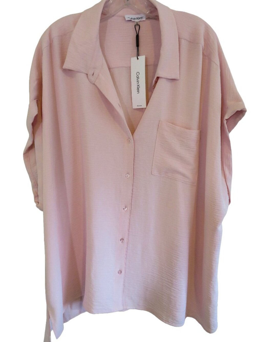 NWT Calvin Klein Plus Size 3X Light Pink Button Front Short Sleeve Blouse